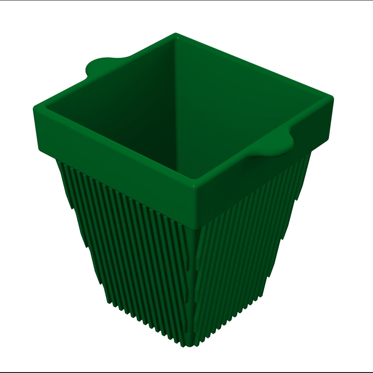 A green, square-shaped plant pot with slightly flared sides and vertical ridges resembles a stylish cast aluminum condiment bowl. The top edge features two rounded tabs, and the empty pot is shown against a white background.