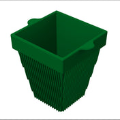 A green, square-shaped plant pot with slightly flared sides and vertical ridges resembles a stylish cast aluminum condiment bowl. The top edge features two rounded tabs, and the empty pot is shown against a white background.
