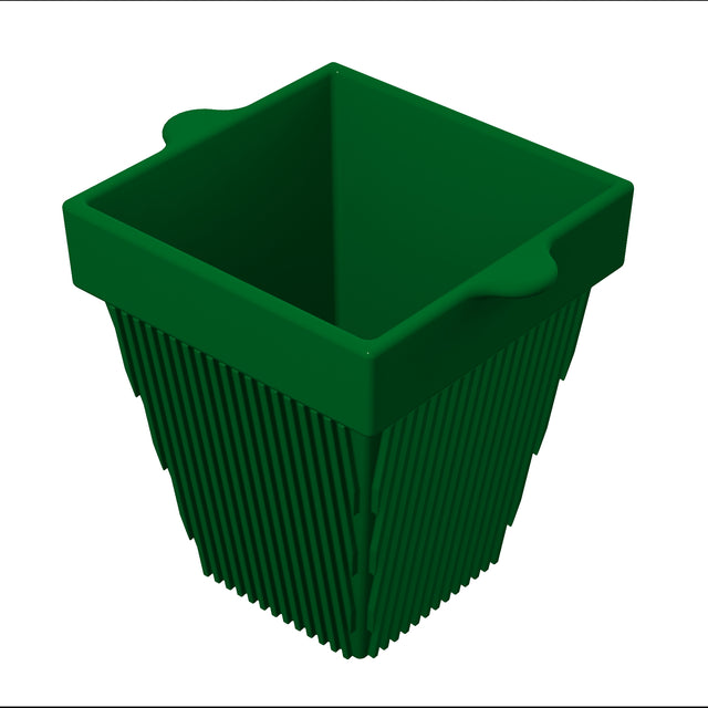 A green, square-shaped plant pot with slightly flared sides and vertical ridges resembles a stylish cast aluminum condiment bowl. The top edge features two rounded tabs, and the empty pot is shown against a white background.