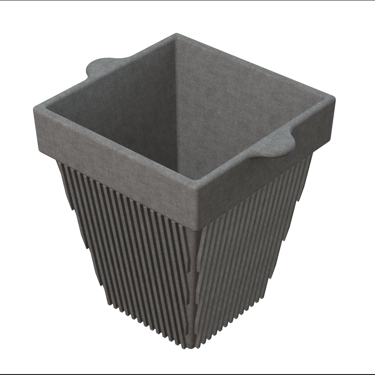 A gray, square-shaped cast aluminum plant pot with vertical ridges along the sides and two small, flat handles on opposite edges of the rim. The sturdy pot features a tapered design that widens toward the top.