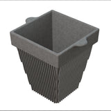 A gray, square-shaped cast aluminum plant pot with vertical ridges along the sides and two small, flat handles on opposite edges of the rim. The sturdy pot features a tapered design that widens toward the top.