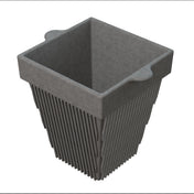A gray, square-shaped cast aluminum plant pot with vertical ridges along the sides and two small, flat handles on opposite edges of the rim. The sturdy pot features a tapered design that widens toward the top.