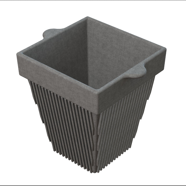 A gray, square-shaped cast aluminum plant pot with vertical ridges along the sides and two small, flat handles on opposite edges of the rim. The sturdy pot features a tapered design that widens toward the top.
