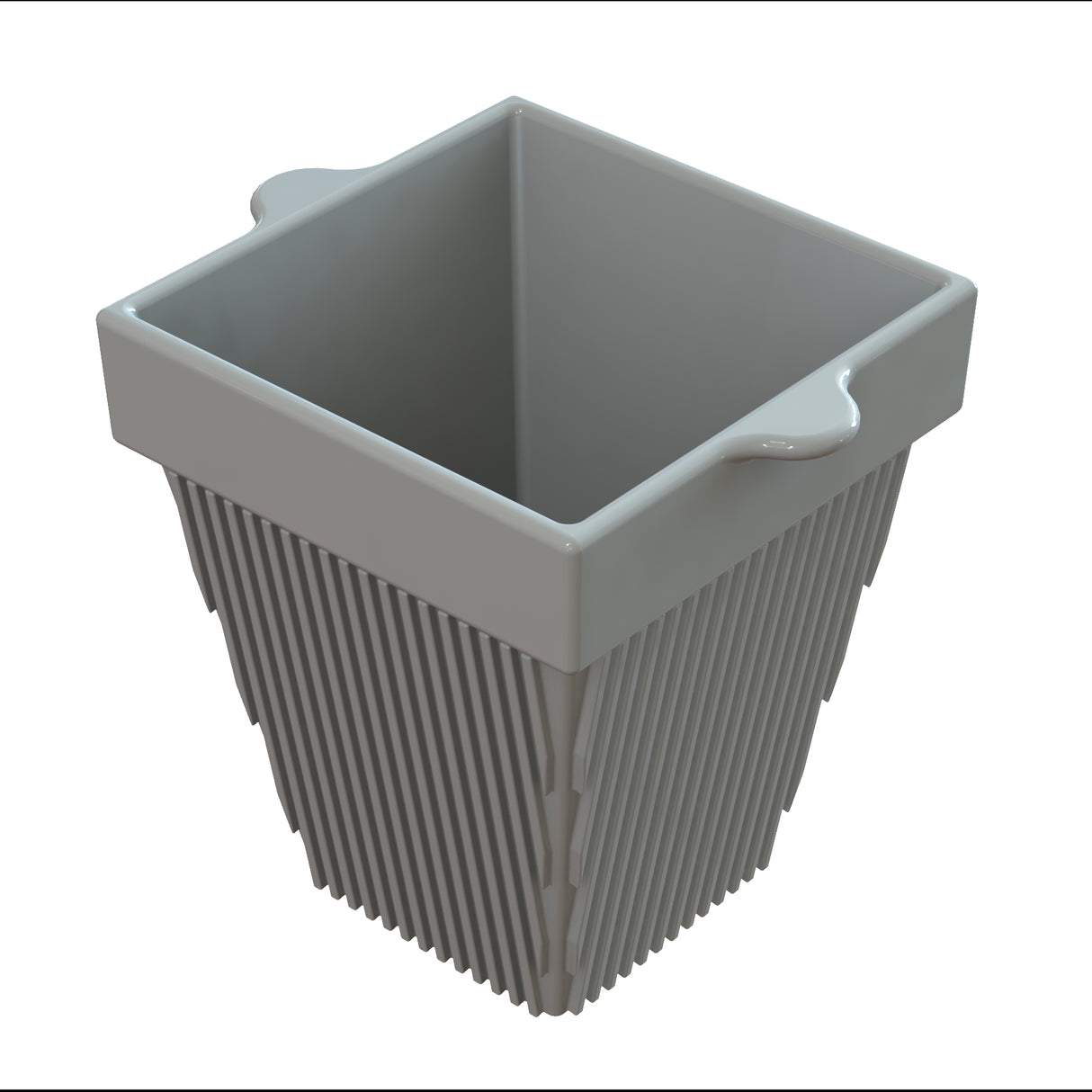 A gray, square-shaped plastic basket with vertical slits on each side, slightly flared sides, and two horizontal handles on opposite edges near the top. Ideal for cold holding small items like a condiment bowl, shown empty against a white background.