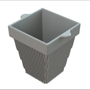 A gray, square-shaped plastic basket with vertical slits on each side, slightly flared sides, and two horizontal handles on opposite edges near the top. Ideal for cold holding small items like a condiment bowl, shown empty against a white background.