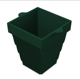 A dark green, square-shaped plastic plant pot with a tapered base and ribbed sides. The pot features two flat, extended tabs for easy handling—perfect for cold holding small plants, similar in convenience to a condiment bowl.
