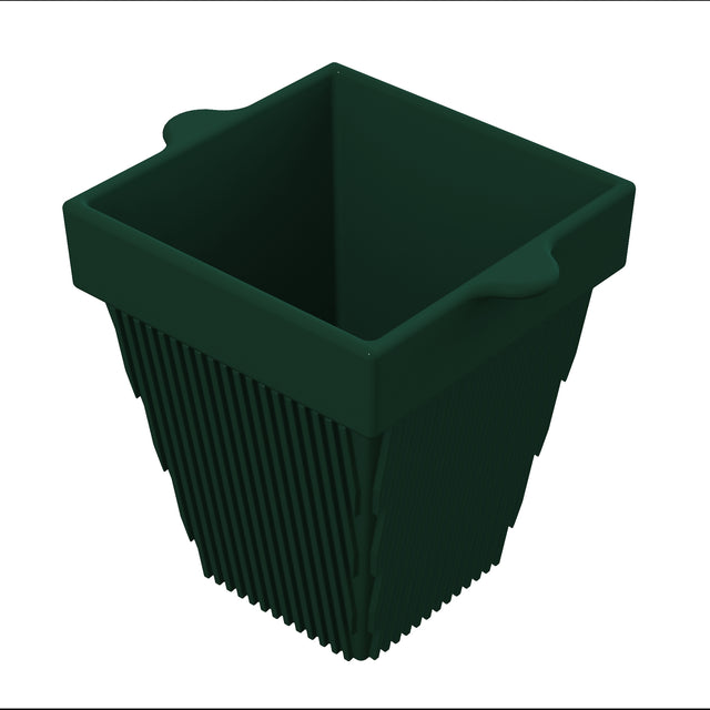 A dark green, square-shaped plastic plant pot with a tapered base and ribbed sides. The pot features two flat, extended tabs for easy handling—perfect for cold holding small plants, similar in convenience to a condiment bowl.