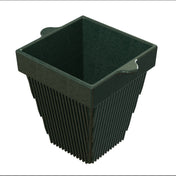 A square, dark green planter crafted from cast aluminum with vertical ridges and two small, rounded handles near the rim. The interior is smooth and widens at the top. The background is solid white.