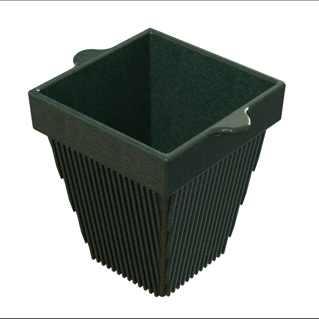 A square, dark green planter crafted from cast aluminum with vertical ridges and two small, rounded handles near the rim. The interior is smooth and widens at the top. The background is solid white.