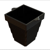 A square black cast aluminum container with a wide top and tapered sides, featuring two small handles on opposite edges. The ribbed sides have vertical lines, and the glossy interior with white speckles makes it perfect as a stylish condiment bowl.