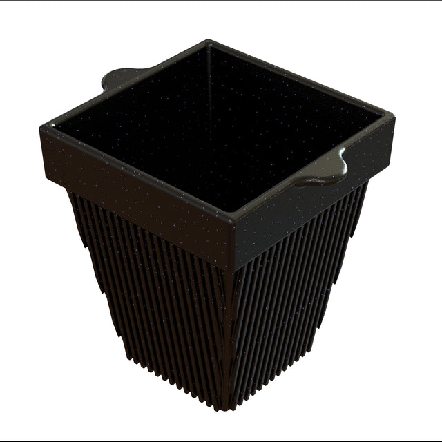 A square black cast aluminum container with a wide top and tapered sides, featuring two small handles on opposite edges. The ribbed sides have vertical lines, and the glossy interior with white speckles makes it perfect as a stylish condiment bowl.