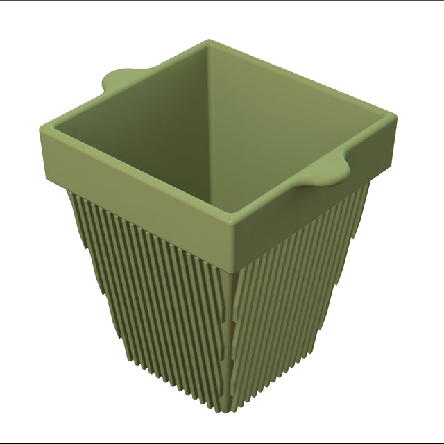 A green, square-shaped, plastic plant pot with two small protruding handles on opposite sides. The sides feature vertical ridges that expand outward toward the top, creating a flared shape. This plant pot is also dishwasher safe. Shown on a white background.