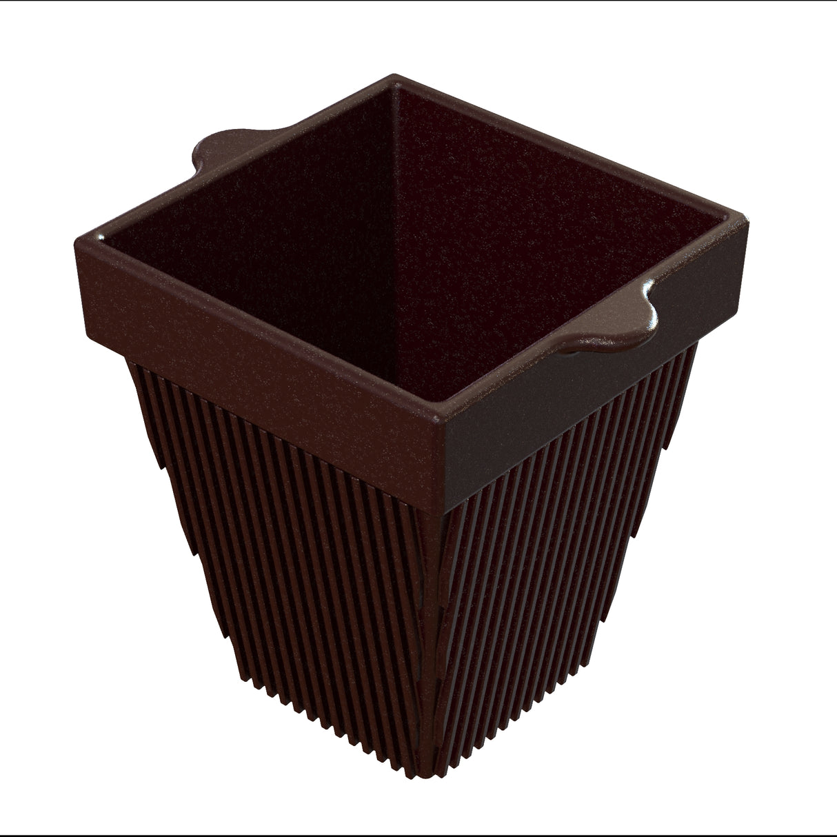 A dark brown, square-shaped cast aluminum planter with vertical ridges on the sides and two small handles on opposite edges of the rim, shown empty against a white background.