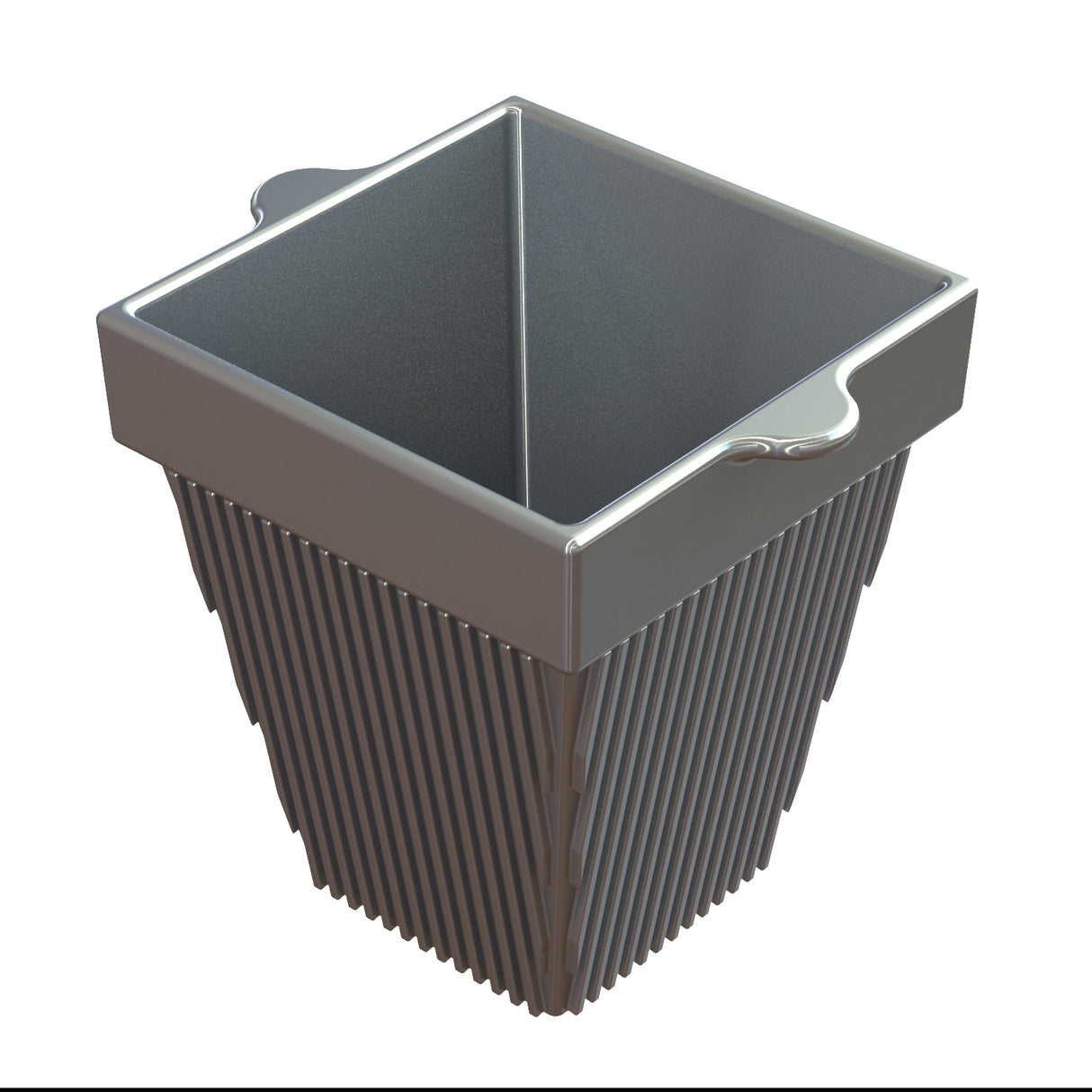 A metal mesh basket with a square, open top and vertical slats forming a tapered, V-shaped body. Ideal for cold holding, the basket features two curved handles on the rim and appears clean against a white background.