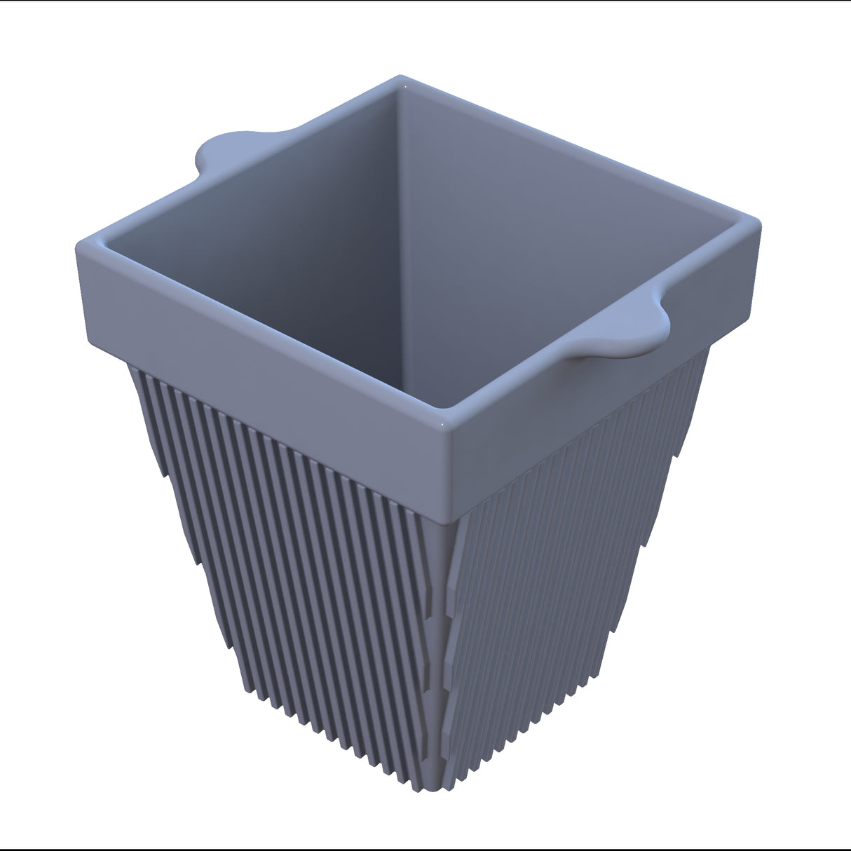 A gray, square-shaped plastic container with vertical ridges and two flat handles sits empty, viewed from a slightly elevated angle. Ideal as a cold holding condiment bowl on a white background.