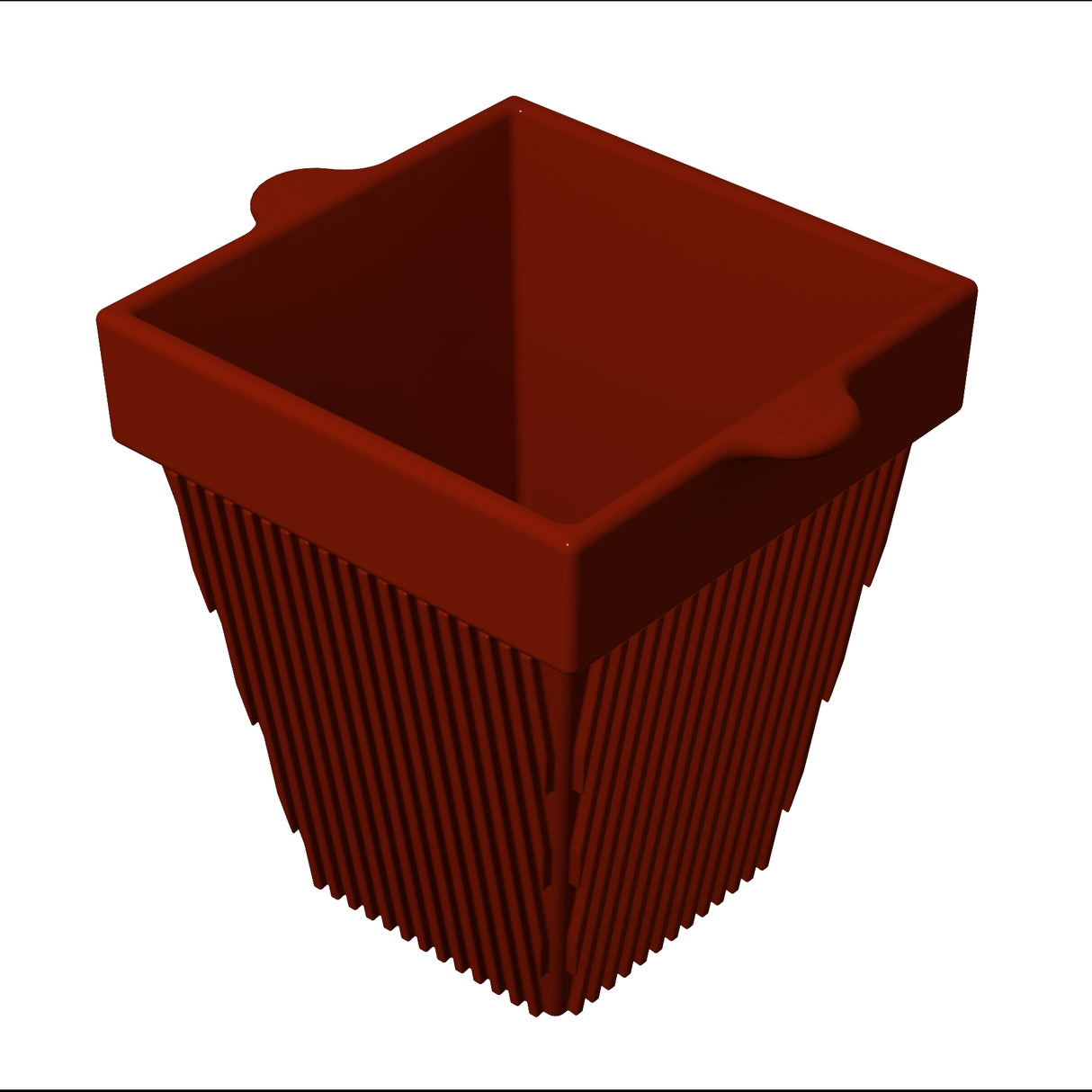 A 3D-rendered image of a red, square, plastic plant pot with vertical ridges on the sides. Reminiscent of a condiment bowl, the pot has two small, rectangular tabs extending from opposite edges near the top rim. The background is plain white.