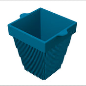 A blue, square silicone condiment bowl with ridged sides and two small handles on opposite edges near the top. The container is open at the top, tapers to a narrower base, and sits against a plain white background.