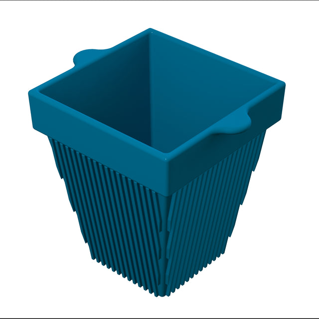 A blue, square silicone condiment bowl with ridged sides and two small handles on opposite edges near the top. The container is open at the top, tapers to a narrower base, and sits against a plain white background.
