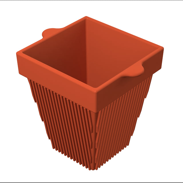A 3D-rendered image of a square, terracotta-colored plastic plant pot with vertical ridges on its sides, reminiscent of a cast aluminum condiment bowl. Two small, rounded tabs on the rim allow for easy handling. The pot tapers from top to base.
