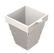 A white, square-shaped condiment bowl with vertical ridges on its sides and a small handle on one edge. The open-top container appears to be made of plastic. The background is plain white.