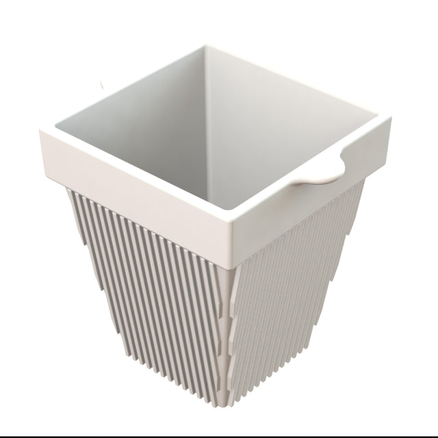 A white, square-shaped condiment bowl with vertical ridges on its sides and a small handle on one edge. The open-top container appears to be made of plastic. The background is plain white.