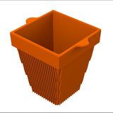 A 3D-rendered, orange, square plastic planter—reminiscent of a contemporary condiment bowl—features vertical ridges on its tapering sides and two flat, tab-like handles. The empty planter is viewed from a high angle against a white background.