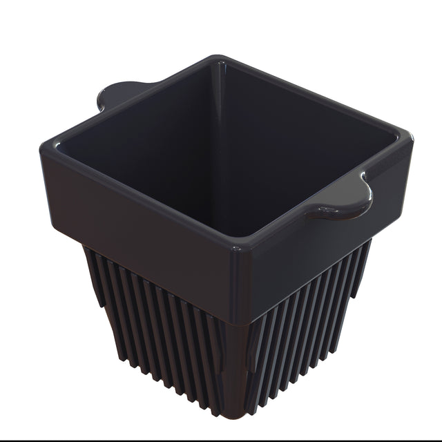 A black, square plastic container with a wide rim, two small handles on opposite sides, and vertical ridges along the lower half, resembling a modern condiment bowl or storage bin. The inside is empty and smooth.