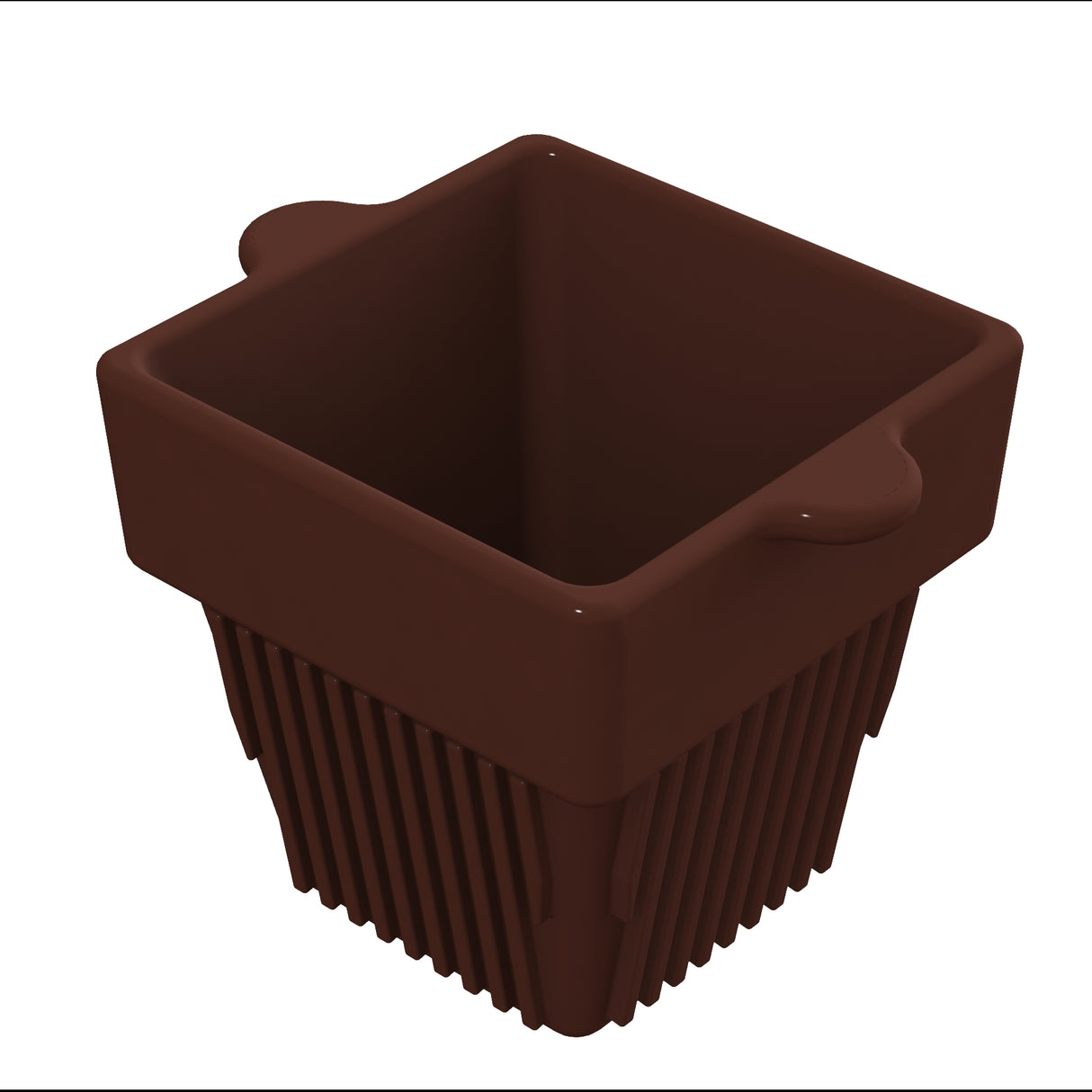 A brown, square, plastic plant pot with fluted sides and two small tabs extending from the rim opposite each other. The glossy finish gives it a sleek look, similar to a condiment bowl. The pot is empty and shown against a white background.
