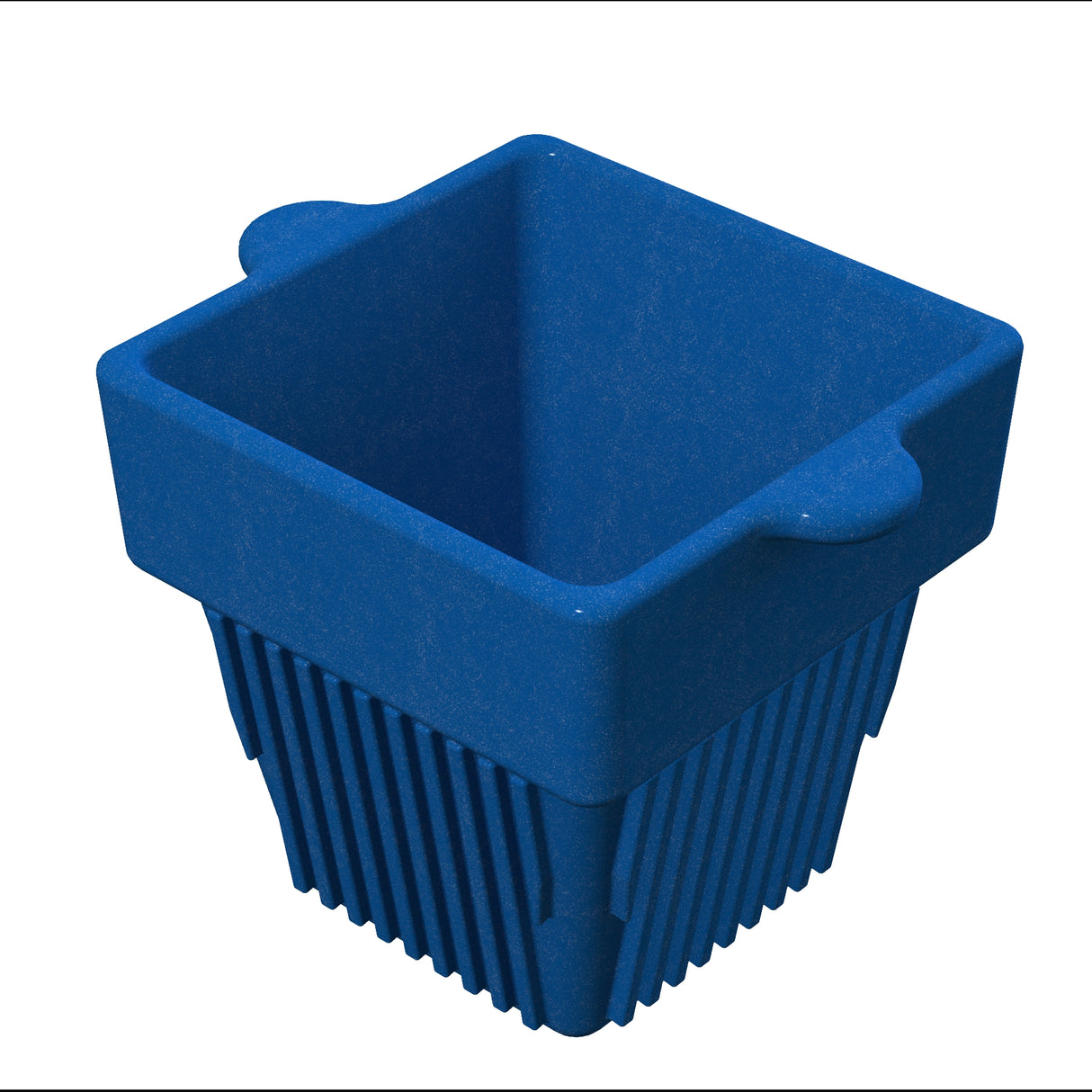 A blue, square-shaped plastic container with vertical ridges and two small handles on opposite sides, ideal for cold holding or use as a condiment bowl, designed for drainage or ventilation and isolated on a white background.