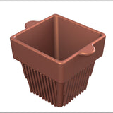 A 3D-rendered image of a square, brown plastic pot with vertical ridges on the lower half and two small, rounded tabs extending from opposite sides of the rim, resembling a modern condiment bowl. The pot is empty and shown on a white background.