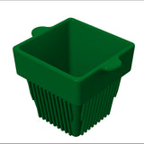 A green, square-shaped plastic plant pot with a wide rim and two rounded tabs on opposite sides. The ribbed sides resemble a cast aluminum finish, and the base tapers inward to form a smaller square bottom. The background is white.