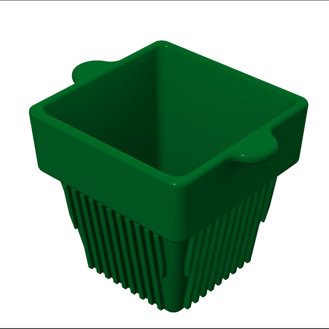 A green, square-shaped plastic plant pot with a wide rim and two rounded tabs on opposite sides. The ribbed sides resemble a cast aluminum finish, and the base tapers inward to form a smaller square bottom. The background is white.