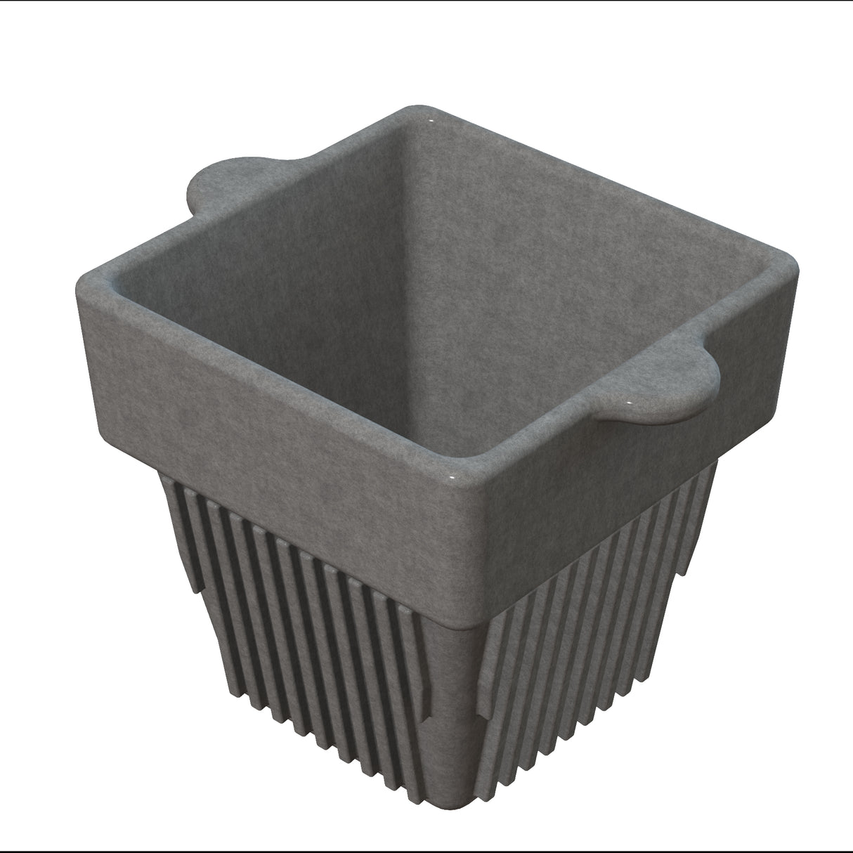 A gray, square-shaped plant pot with a wide rim and two rounded tabs on opposite sides, crafted from durable cast aluminum. The pot tapers downward, with vertical slats on the sides and bottom for drainage. The background is plain white.