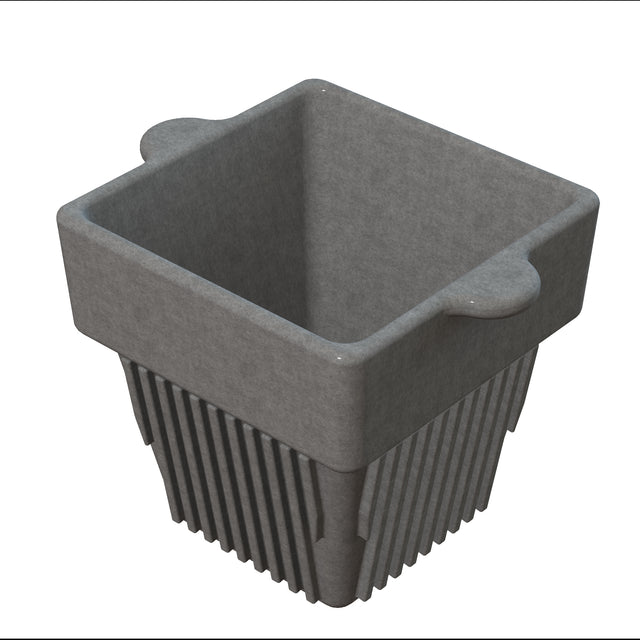 A gray, square-shaped plant pot with a wide rim and two rounded tabs on opposite sides, crafted from durable cast aluminum. The pot tapers downward, with vertical slats on the sides and bottom for drainage. The background is plain white.