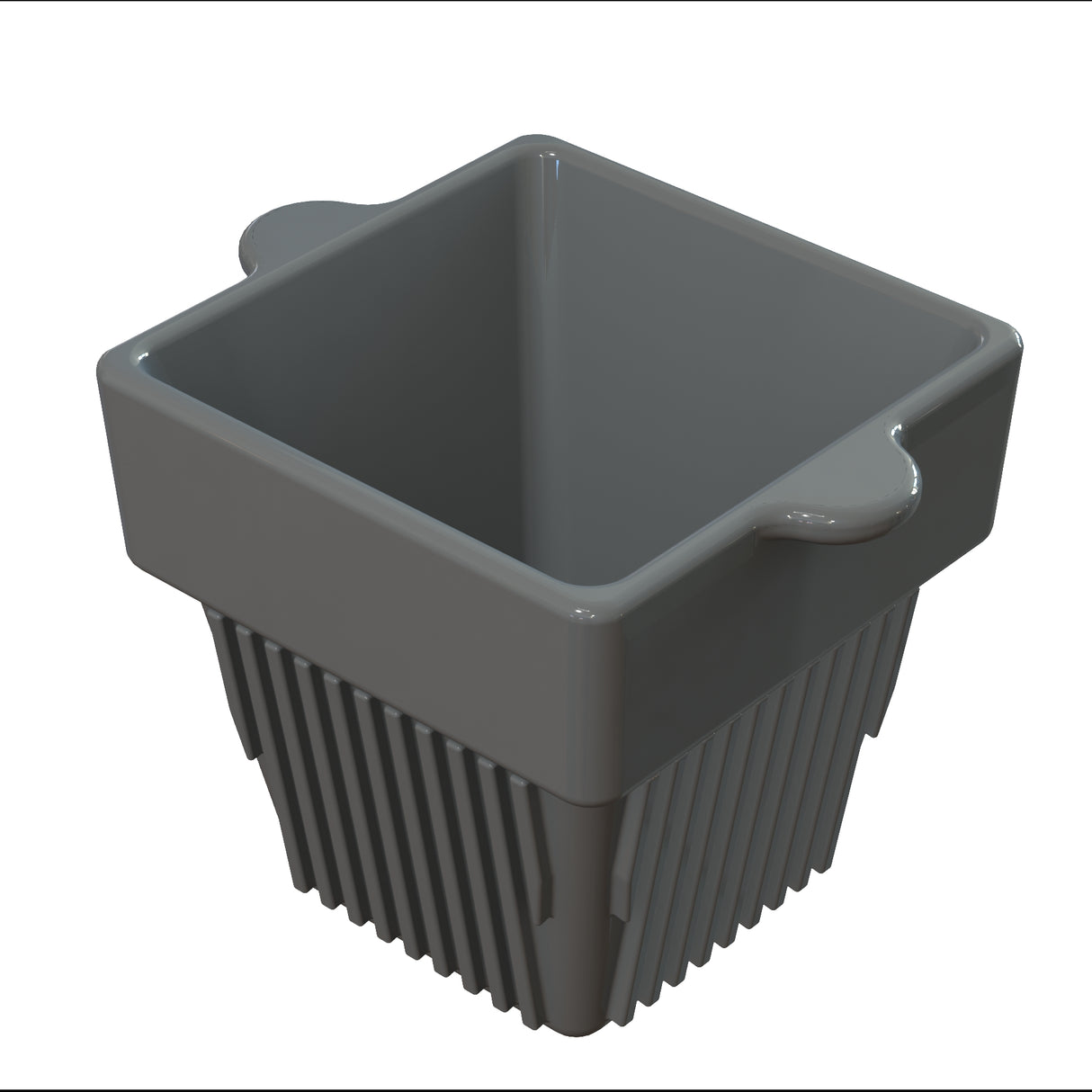 A gray, square-shaped cast aluminum container with rounded handles on two sides and vertical ridges along the lower half. The open-top design and tapered bottom make it ideal for cold holding, set against a white background.