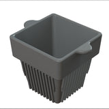 A gray, square-shaped cast aluminum container with rounded handles on two sides and vertical ridges along the lower half. The open-top design and tapered bottom make it ideal for cold holding, set against a white background.