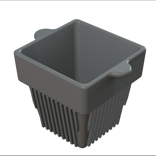 A gray, square-shaped cast aluminum container with rounded handles on two sides and vertical ridges along the lower half. The open-top design and tapered bottom make it ideal for cold holding, set against a white background.