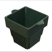A dark green, square plastic plant pot with slotted sides and base for drainage, similar in structure to a cast aluminum condiment bowl. The pot has two small side handles near the top rim and is set against a white background.