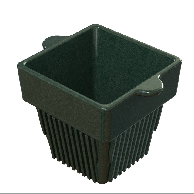 A dark green, square plastic plant pot with slotted sides and base for drainage, similar in structure to a cast aluminum condiment bowl. The pot has two small side handles near the top rim and is set against a white background.