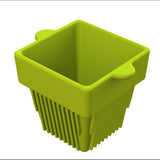 A bright green, square-shaped plastic condiment bowl with ribbed sides and two small handles. The container has a deep base and is set against a plain white background, with the handles sticking out slightly on opposite sides near the top.