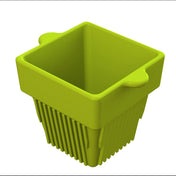 A bright green, square-shaped plastic condiment bowl with ribbed sides and two small handles. The container has a deep base and is set against a plain white background, with the handles sticking out slightly on opposite sides near the top.