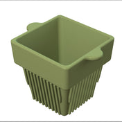 A green, square plastic condiment bowl with rounded handles on opposite sides and vertical ridges along its tapered lower half, viewed from above and slightly to the right, shown on a white background.