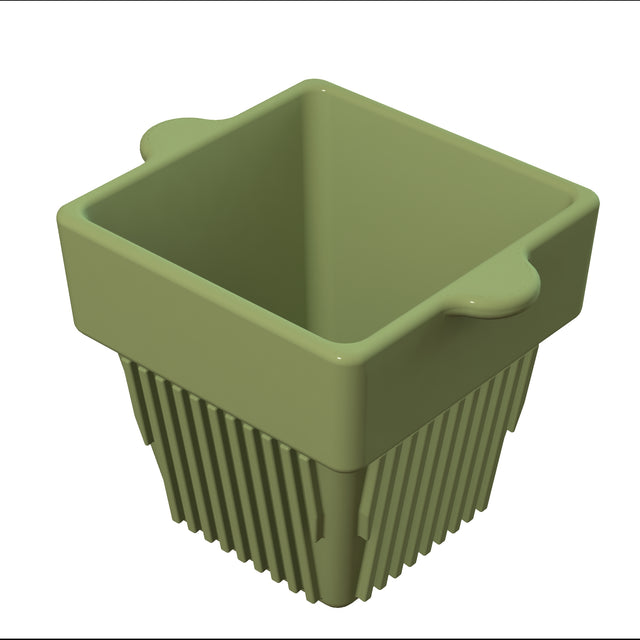 A green, square plastic condiment bowl with rounded handles on opposite sides and vertical ridges along its tapered lower half, viewed from above and slightly to the right, shown on a white background.