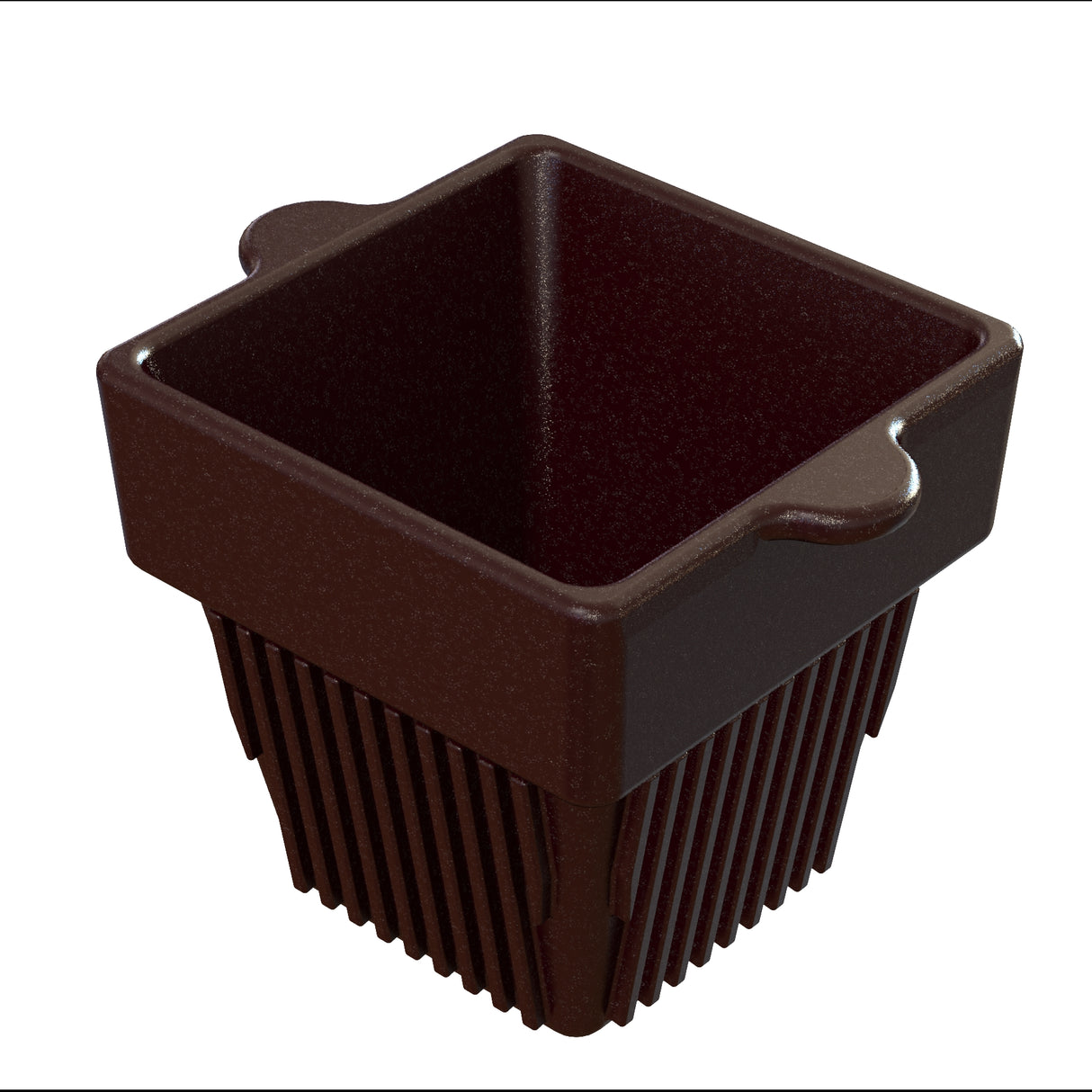 A dark brown, square-shaped plastic planter pot with a wide rim and two small side handles. The sides have vertical ridges and the bottom tapers narrower, similar to a cast aluminum condiment bowl. The background is plain white.