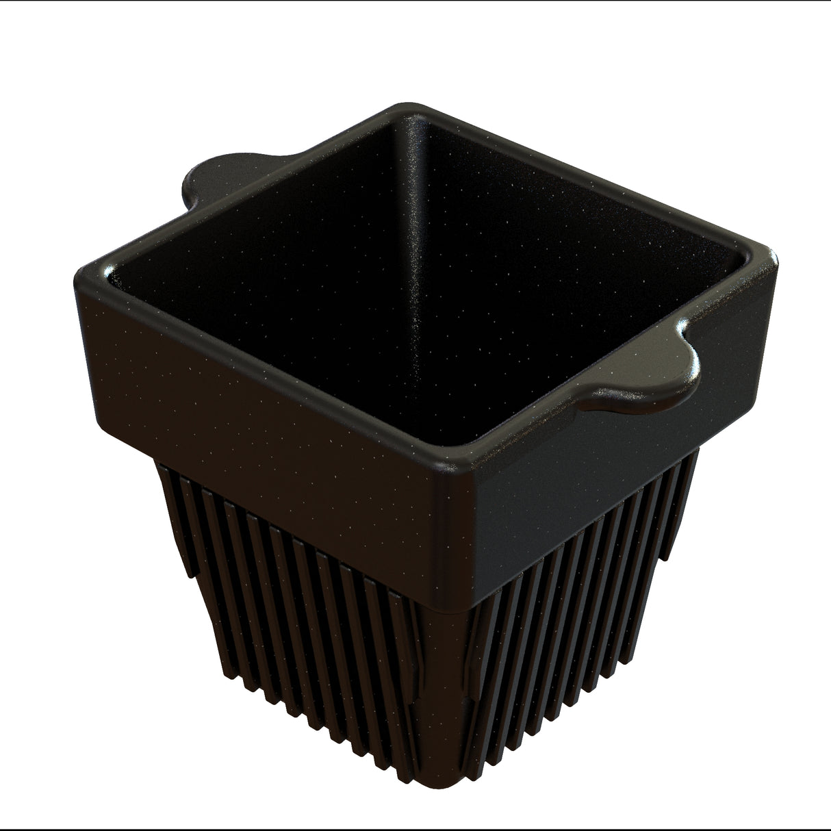 A black, square-shaped plastic basket with slotted sides and two small handles on opposite edges, ideal for cold holding. The empty basket is placed against a white background.