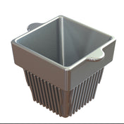 A metallic, square-shaped cast aluminum container with a deep interior and ridged sides. Two small, curved handles sit atop opposite sides. Set against a white background, this cold holding condiment bowl shines with reflective surfaces and geometric lines.