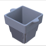 A 3D-rendered image of a gray, square-shaped plastic condiment bowl with two small side handles and vertical ridges on the lower half. The background is plain white, and the bowl appears empty and clean.