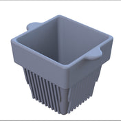 A 3D-rendered image of a gray, square-shaped plastic condiment bowl with two small side handles and vertical ridges on the lower half. The background is plain white, and the bowl appears empty and clean.