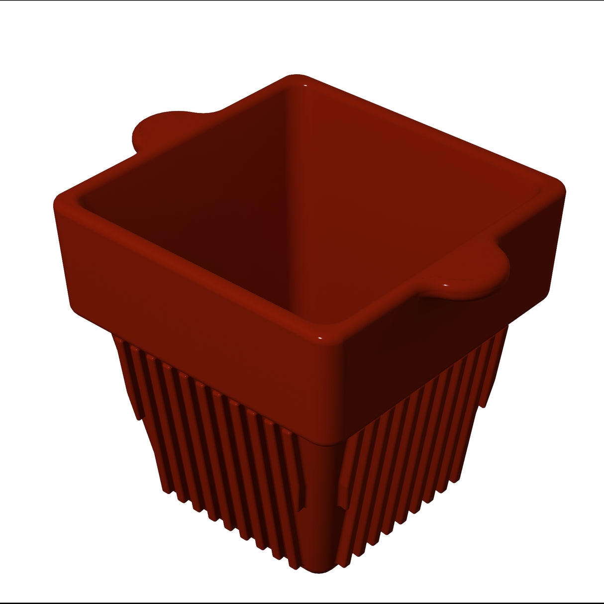 A 3D-rendered image of a red, square-shaped condiment bowl with two small side handles and vertical ridges extending downward from its base, set against a white background. The container appears to be plastic and is viewed from a slightly elevated angle.