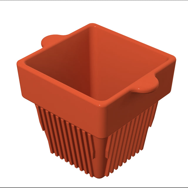 A red, square-shaped condiment bowl with two small, rounded side tabs. The lower half features vertical ridges or fins extending downward, giving it a textured appearance—ideal for cold holding your favorite sauces. The top edge is smooth and slightly flared outward.